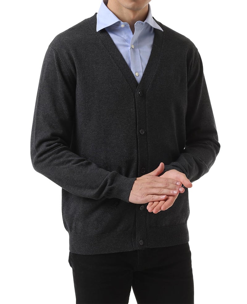 QUALFORT Men's Cardigan 100% Cotton Sweater V-Neck Button Down Knitted Outerwear with Pockets Fashion 2026 Grey Large - Image 1
